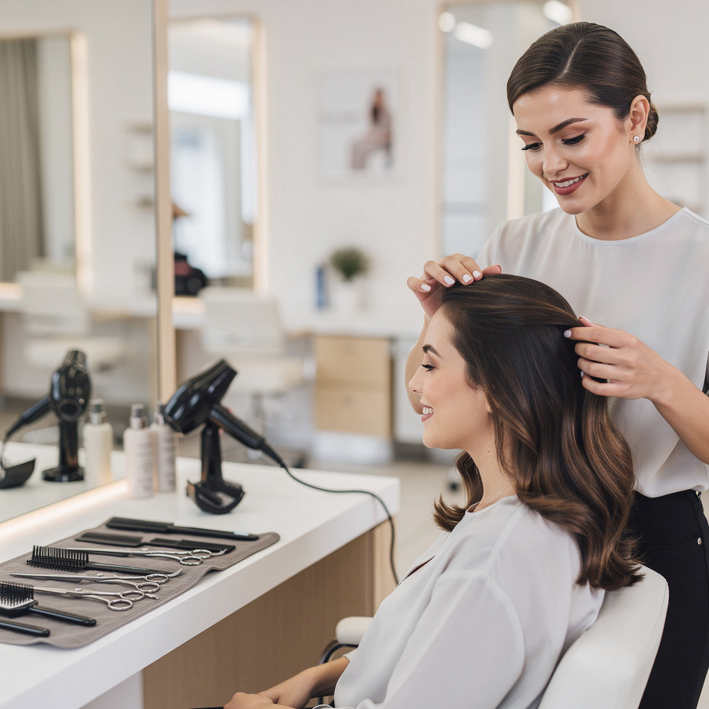 Andrea Villa Hair salon professional discussing personalized hair service options with a client in Santa Barbara